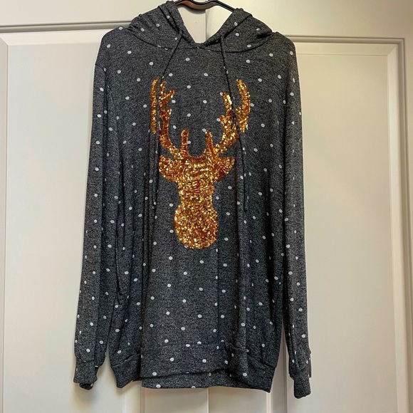 Spadehill Lightweight Novelty Reindeer Polka Dot Long Sleeve Sequined Hoodie - Picture 1 of 10